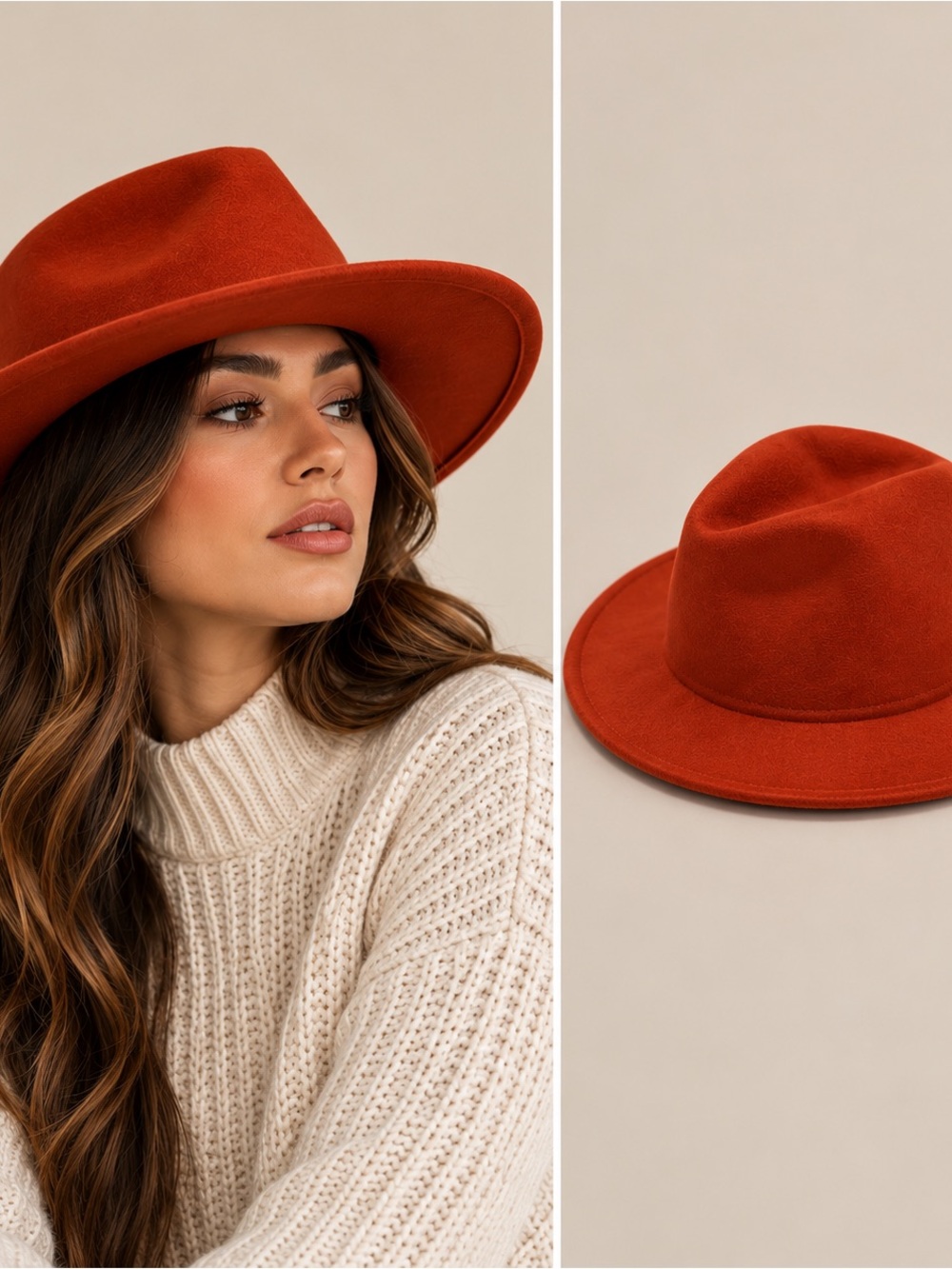 Rust Orange Wide-Brim Fedora Hat